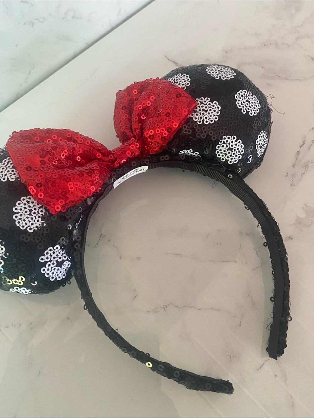 Disney Black Sequin Minnie Ear Headband with Red Bow